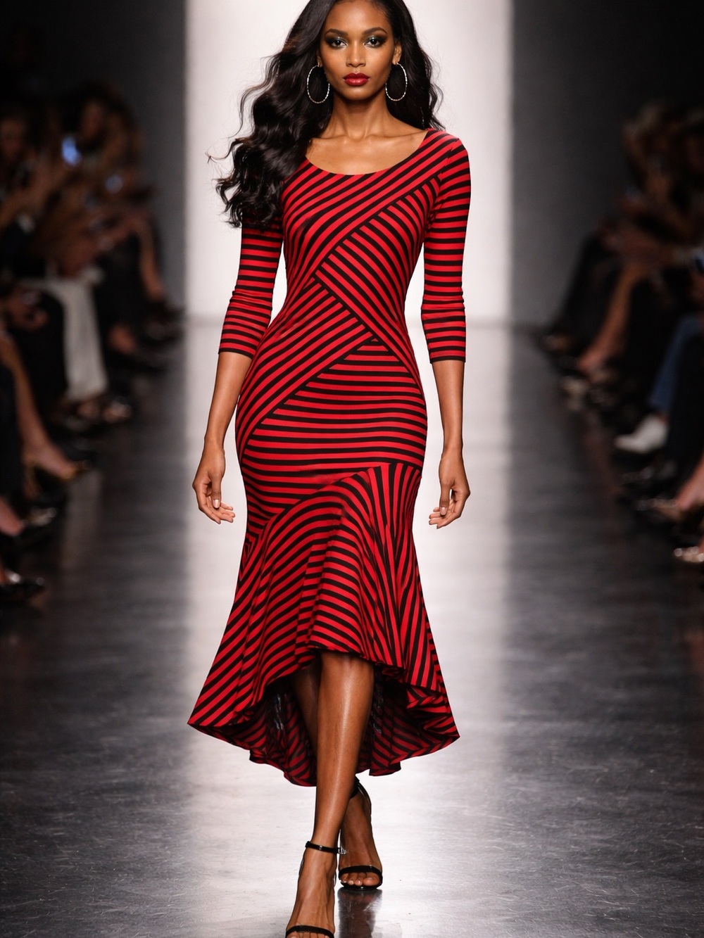 Bailey 44 Red and Black Striped High-Low Midi Dress